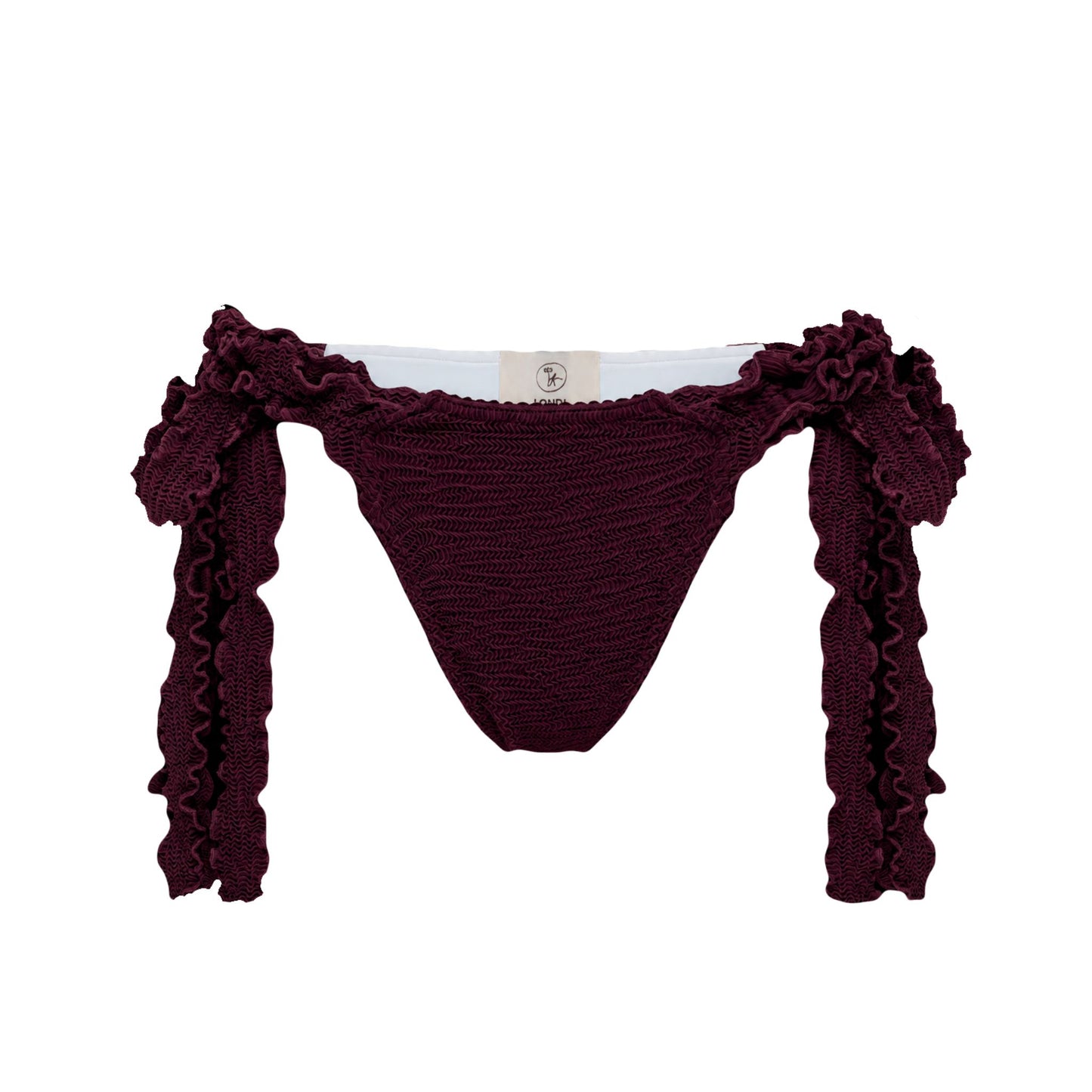 Bikini tanga bottoms with side ties, dark burgundy ruffle trim