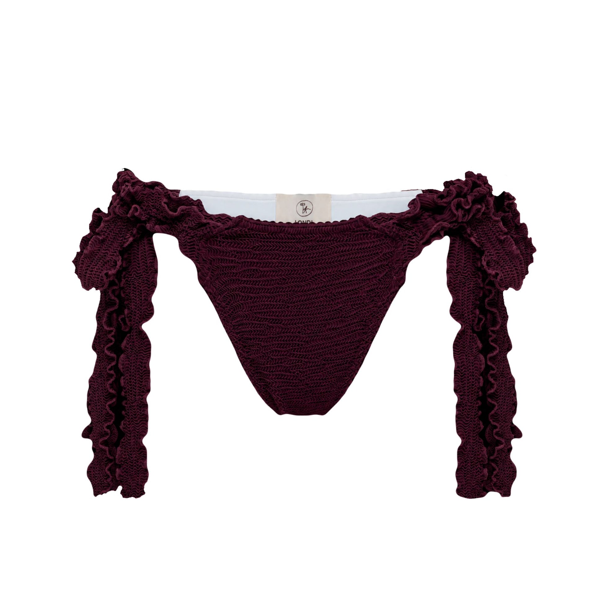 Bikini tanga bottoms with side ties, dark burgundy ruffle trim