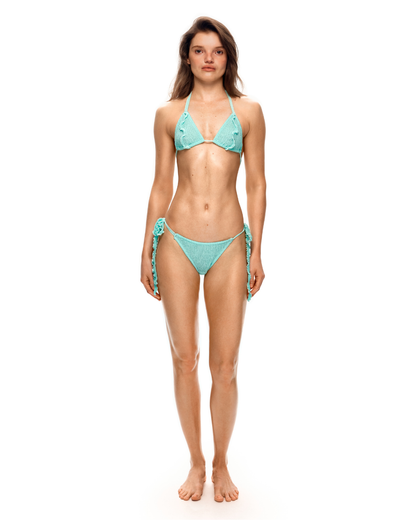 Mint triangle bikini top with ruffled tie details and tassel accents