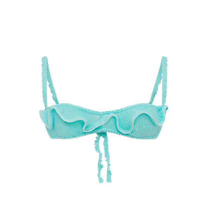 Mint wave ruffle bikini top with thin shoulder straps and drawstring ties