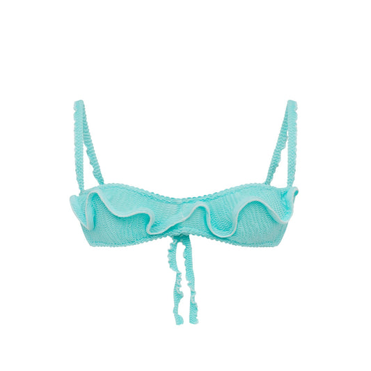 Mint wave ruffle bikini top with thin shoulder straps and drawstring ties