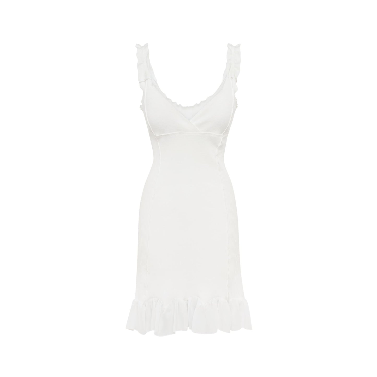 White fitted slip dress with V-neckline and ruffled hem