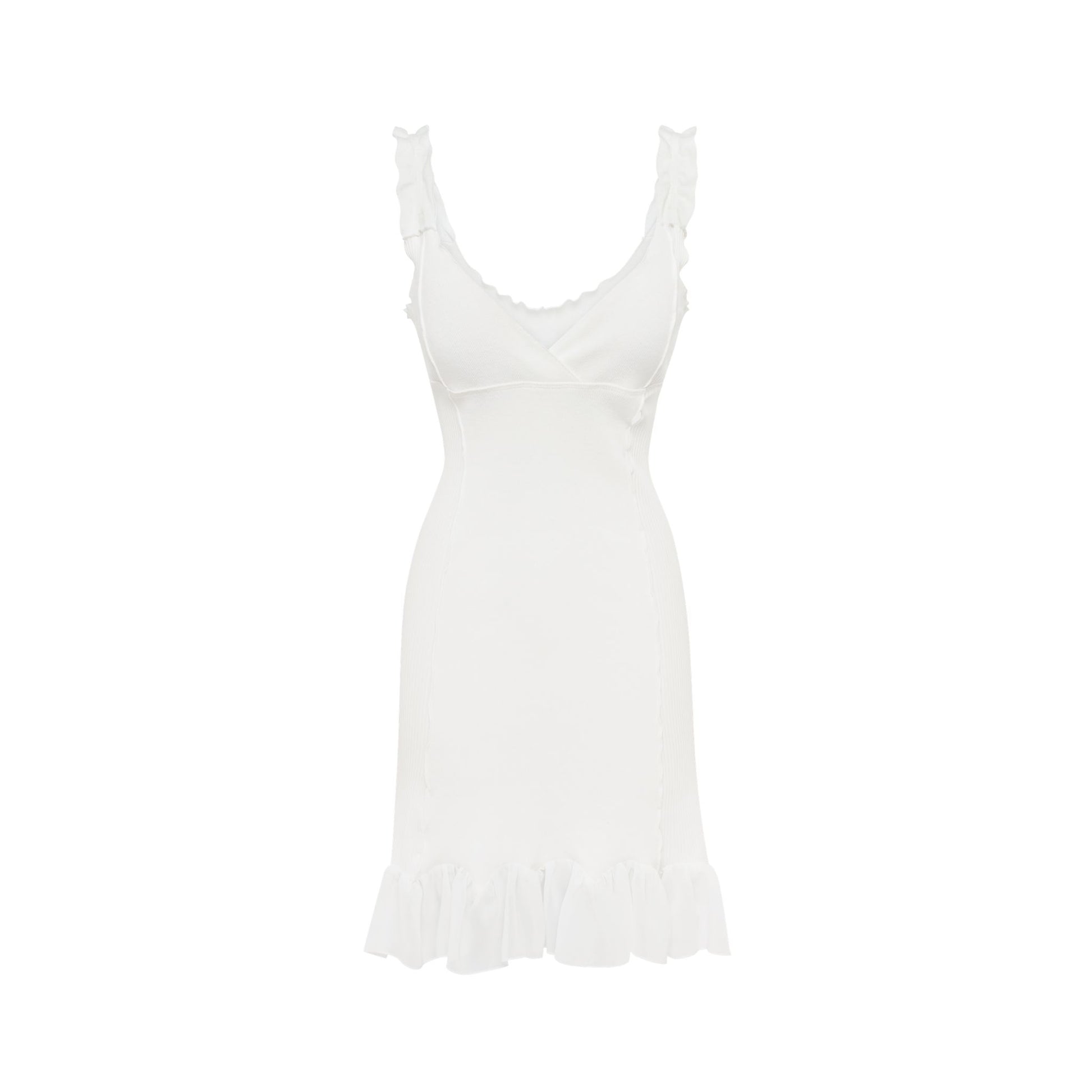 White fitted slip dress with V-neckline and ruffled hem