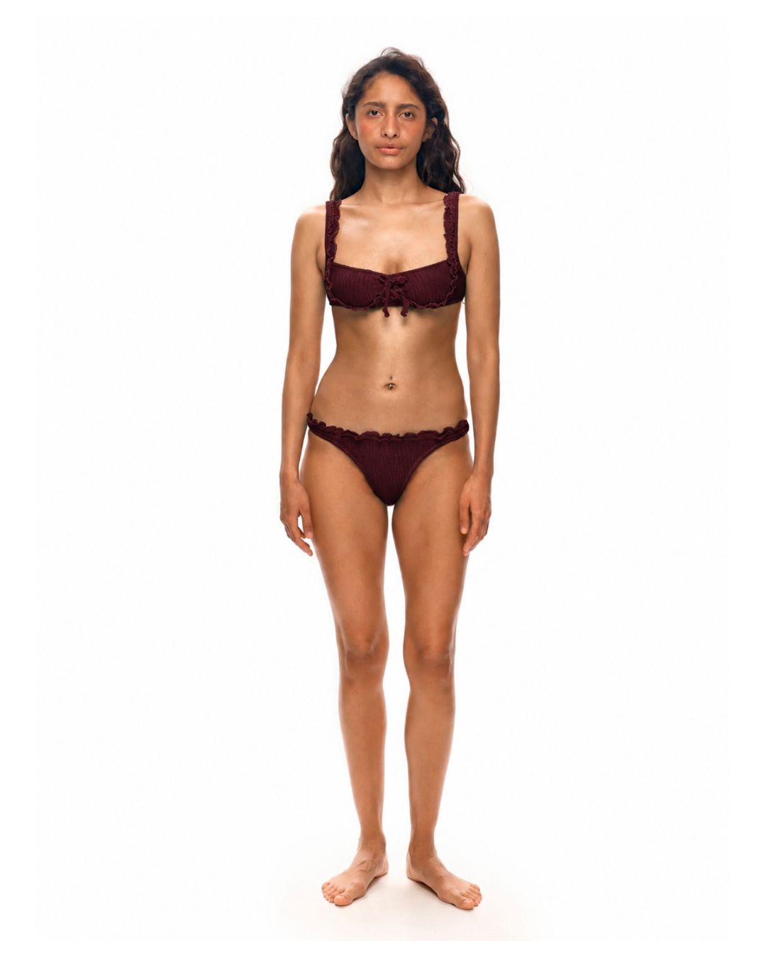 Bikini top with ruffle trim and thin straps, dark brown, center knot.