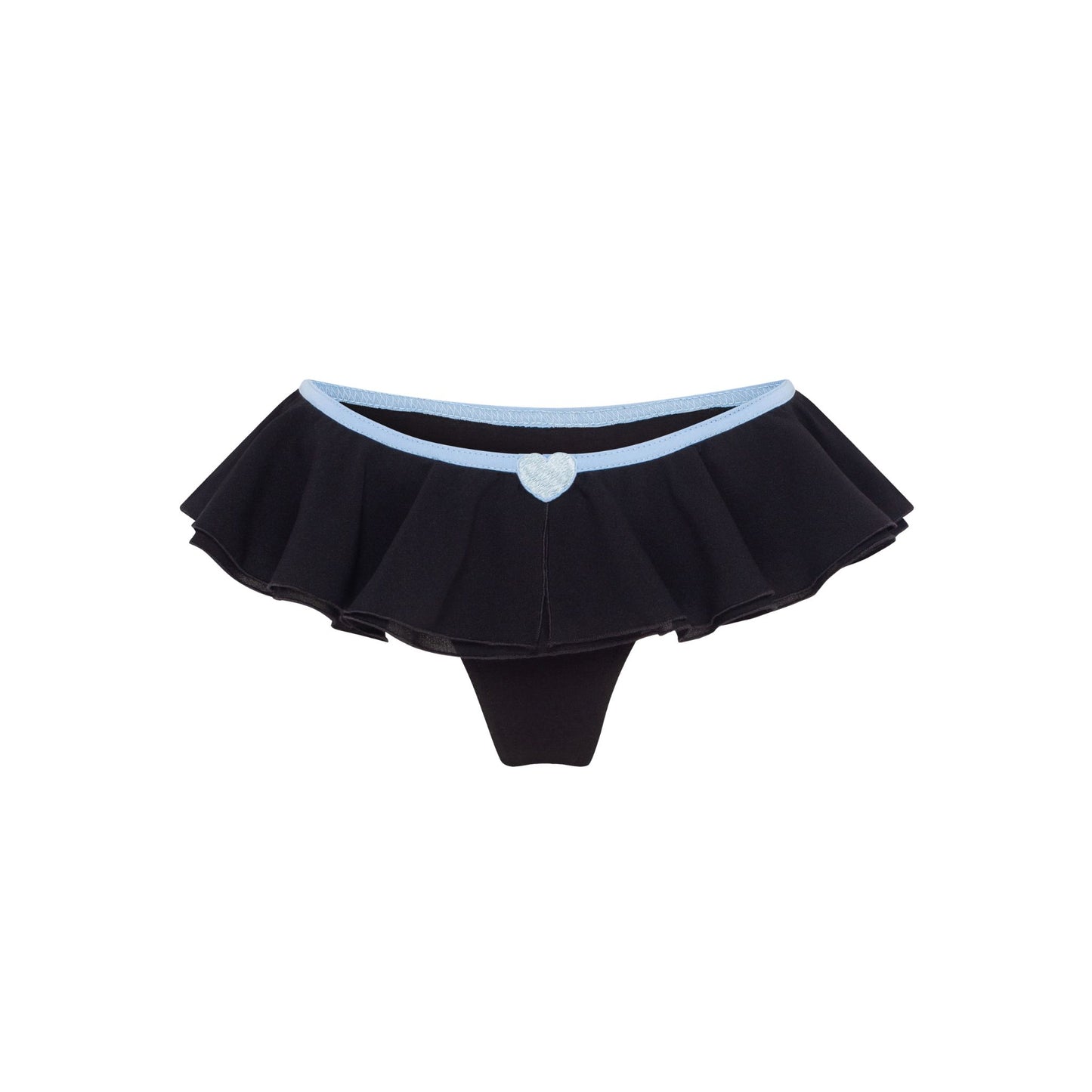 Black frill tanga with light blue trim and small heart detail at center