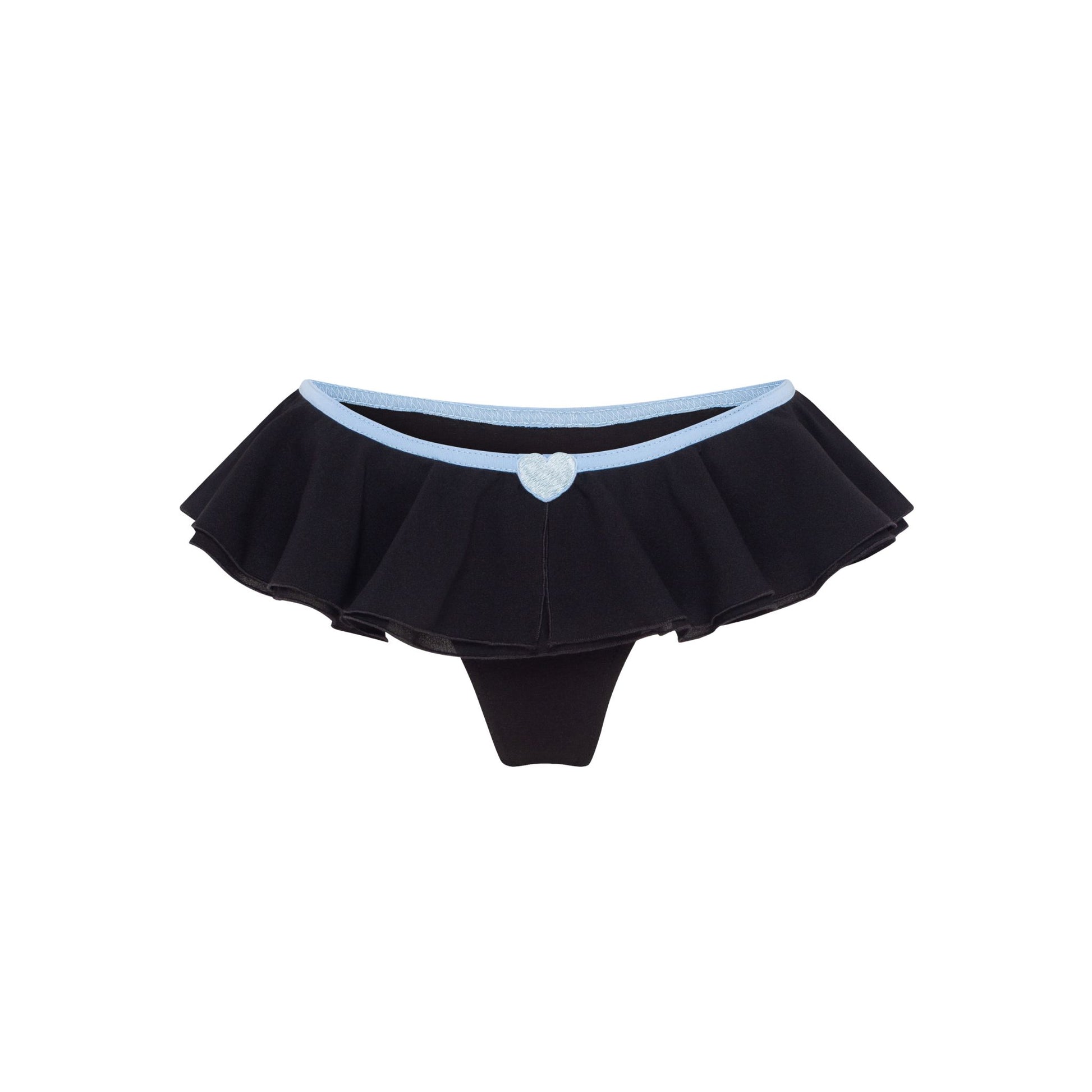 Black frill tanga with light blue trim and small heart detail at center