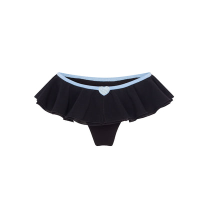 Black frill tanga with light blue trim and small heart detail at center