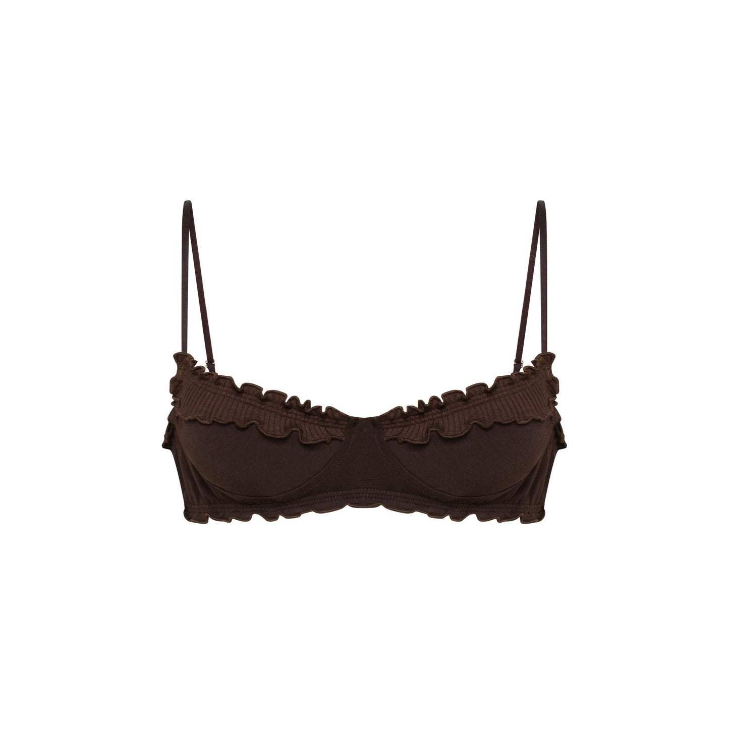 Brown wavy bralette with scalloped ruffle trim and thin adjustable straps