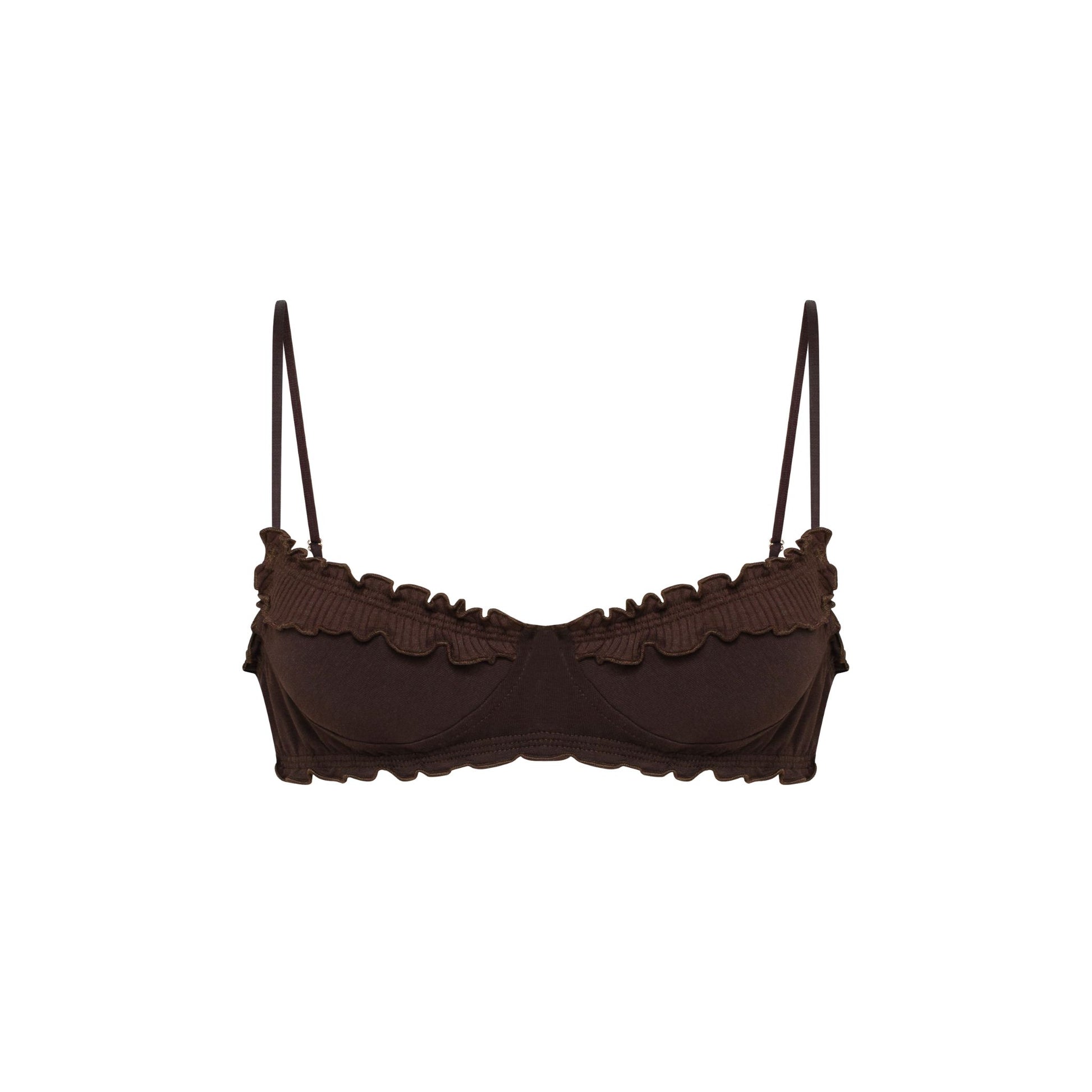 Brown wavy bralette with scalloped ruffle trim and thin adjustable straps