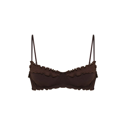 Brown wavy bralette with scalloped ruffle trim and thin adjustable straps