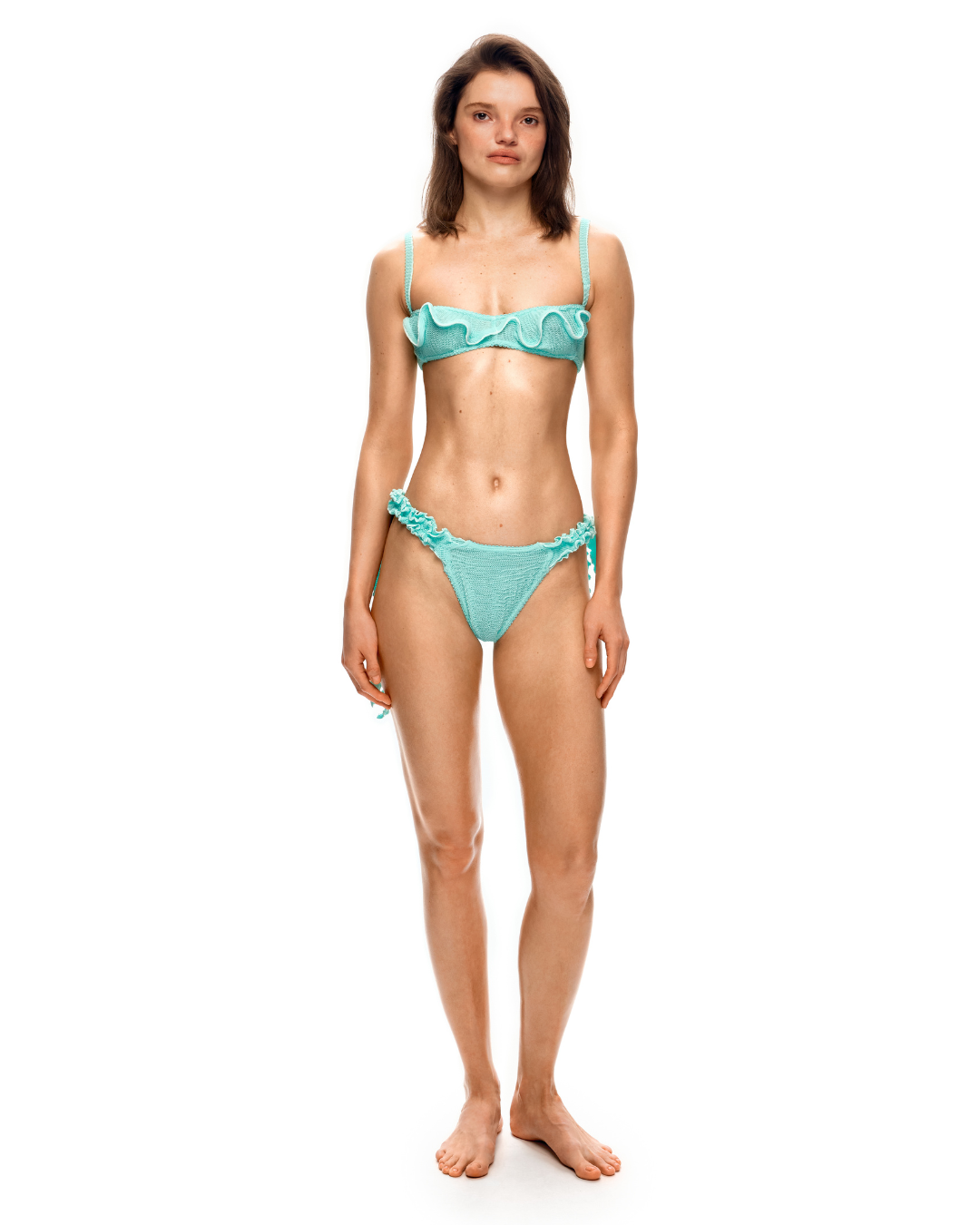 Mint wave ruffle bikini top with thin shoulder straps and center drawstring