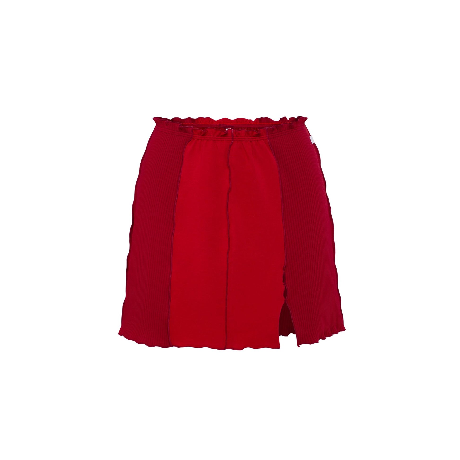 Burgundy wavy mini skirt with scalloped ruffle hem and elastic waist