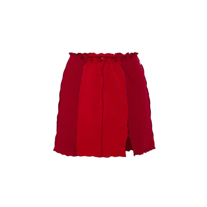 Burgundy wavy mini skirt with scalloped ruffle hem and elastic waist