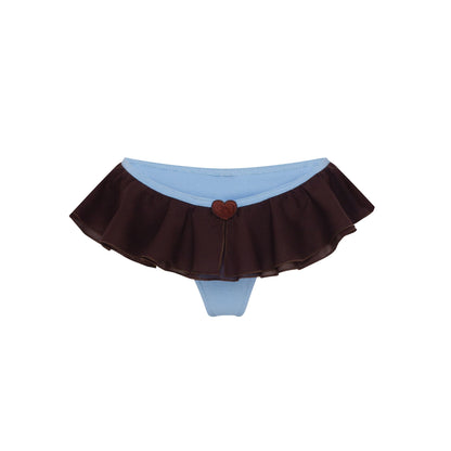 Blue-and-brown frilled tanga with heart appliqué at center front