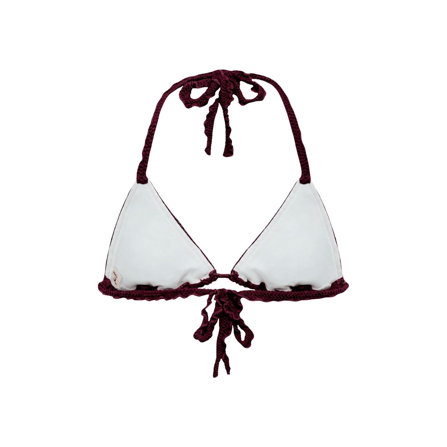 Bikini top with tie strings, light cups with dark red trim and bow at center
