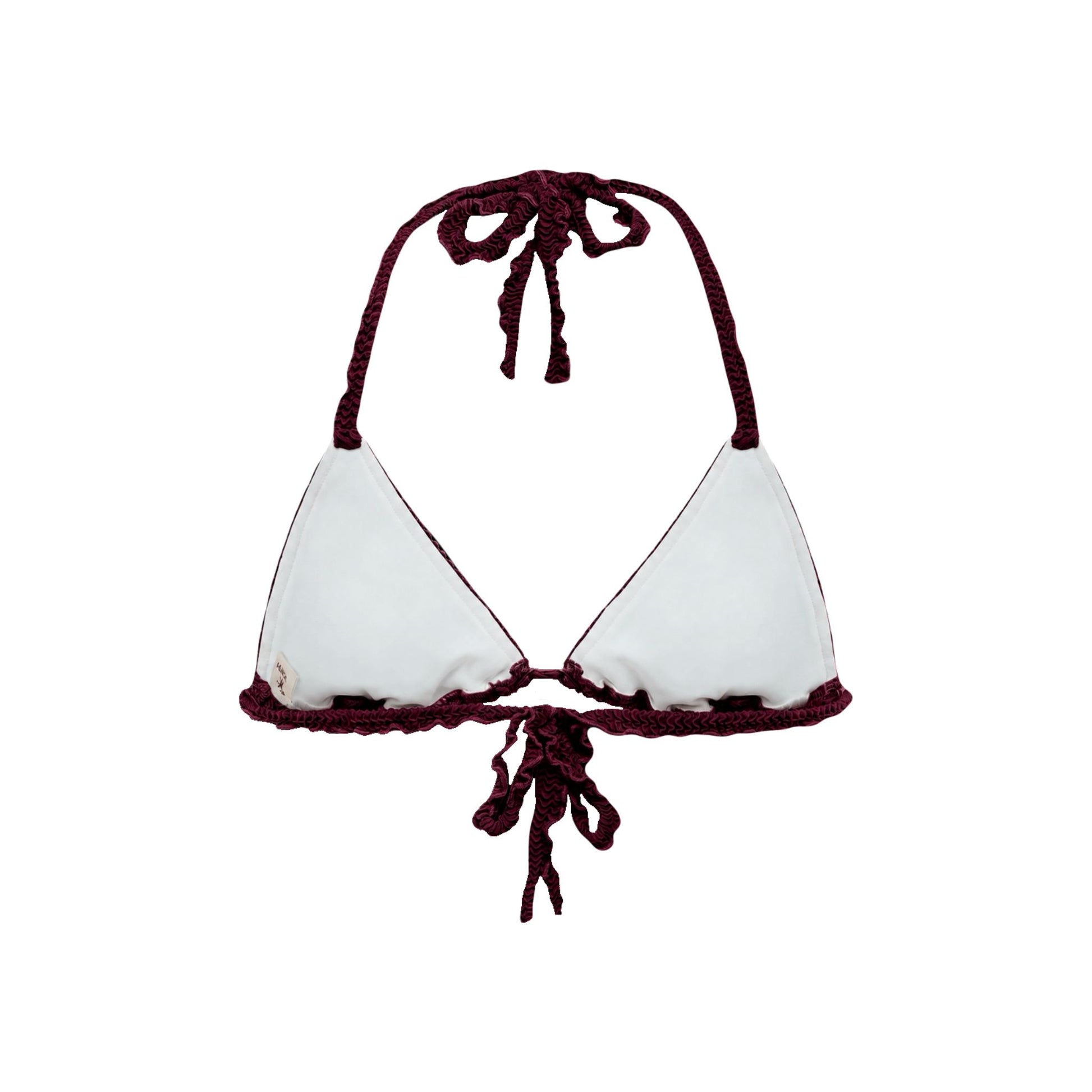 Bikini top with tie strings, light cups with dark red trim and bow at center