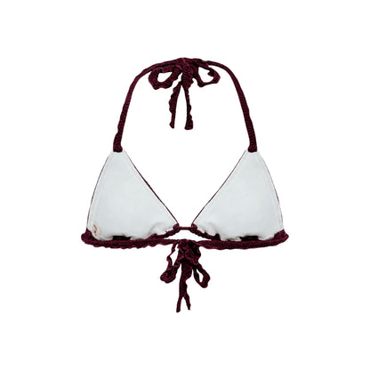 Bikini top with tie strings, light cups with dark red trim and bow at center