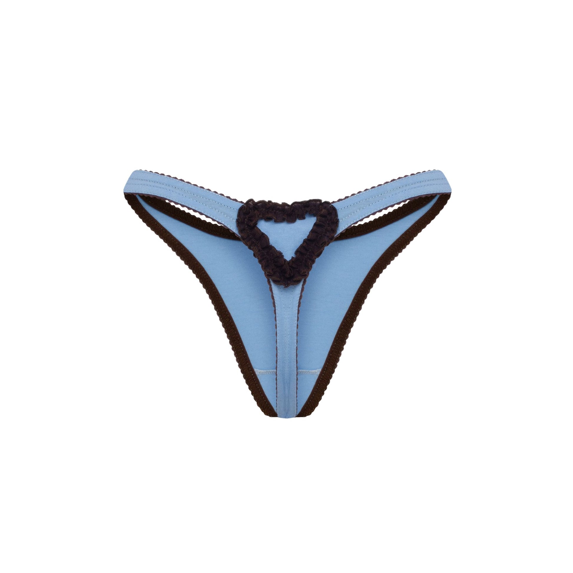 Blue thong with heart cutout detail and dark scalloped trim along side edges