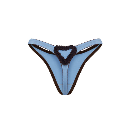 Blue thong with heart cutout detail and dark scalloped trim along side edges