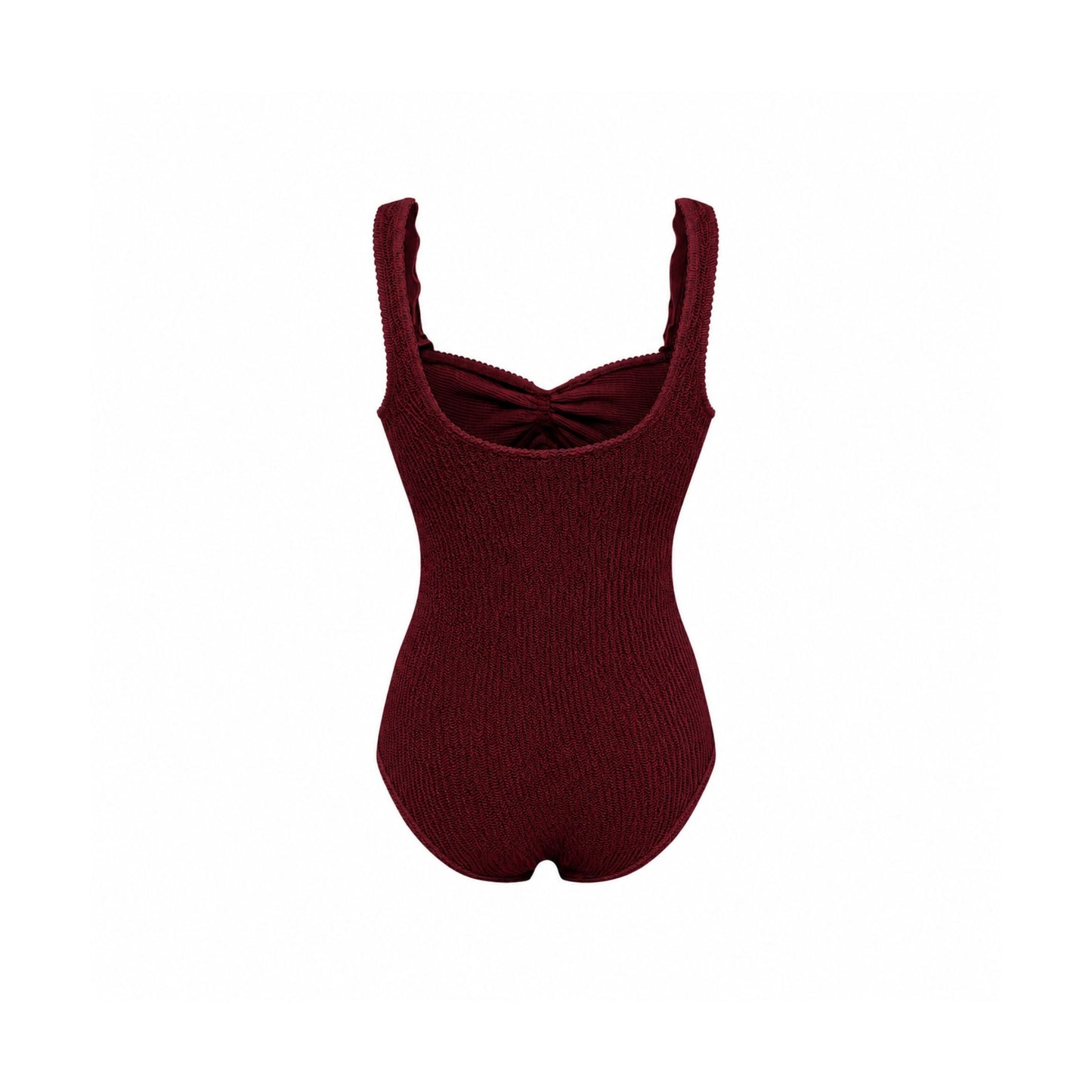 One-piece swimsuit in dark burgundy with high scoop neckline and slim shoulder straps