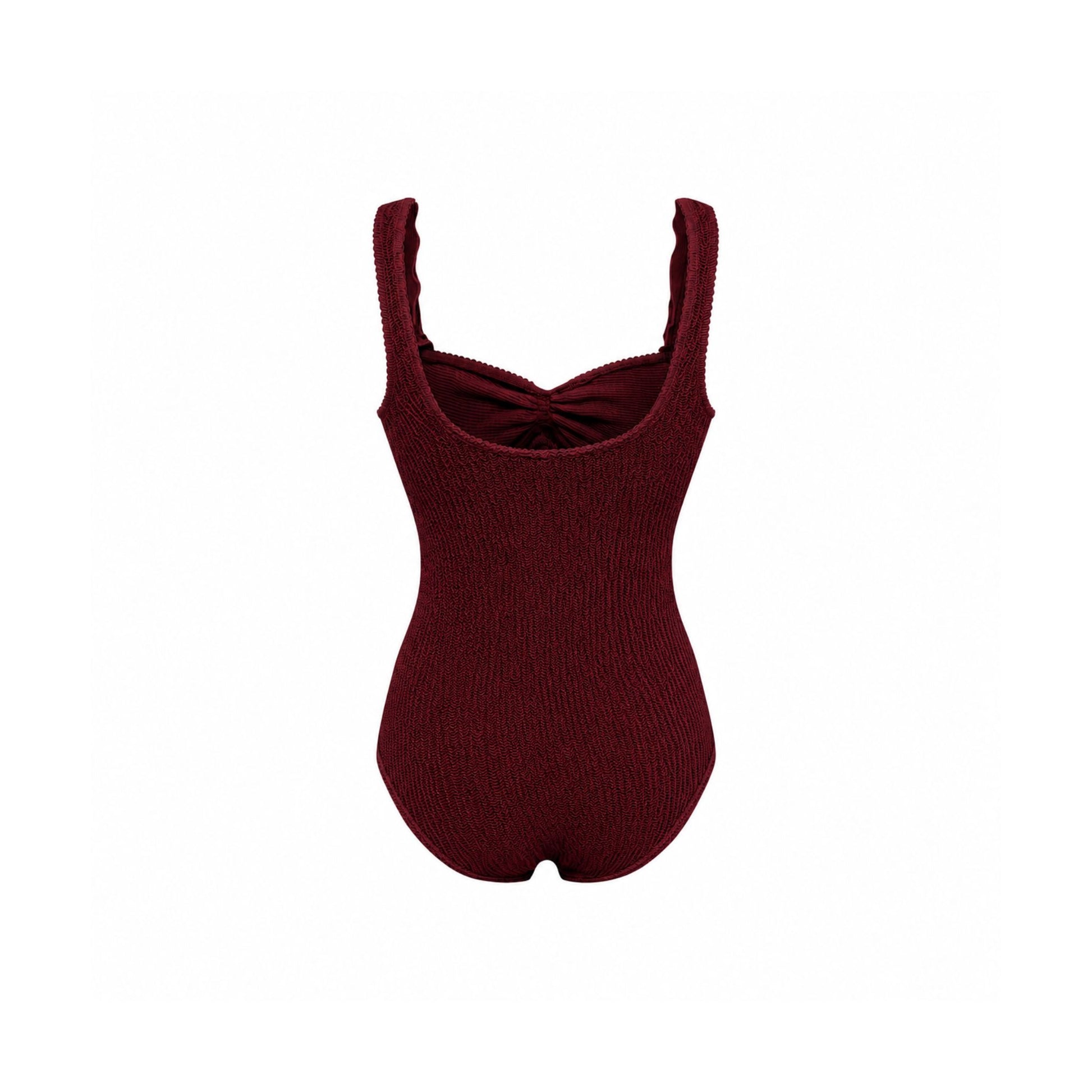 One-piece swimsuit in dark burgundy with high scoop neckline and slim shoulder straps