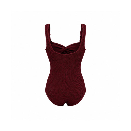 One-piece swimsuit in dark burgundy with high scoop neckline and slim shoulder straps