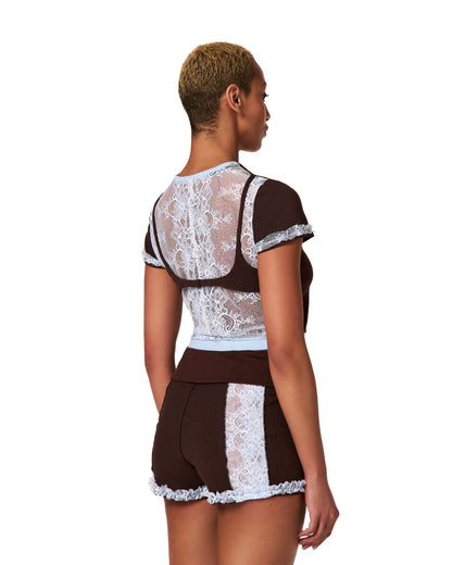 Shorts with Waistband in Brown with Blue Lace