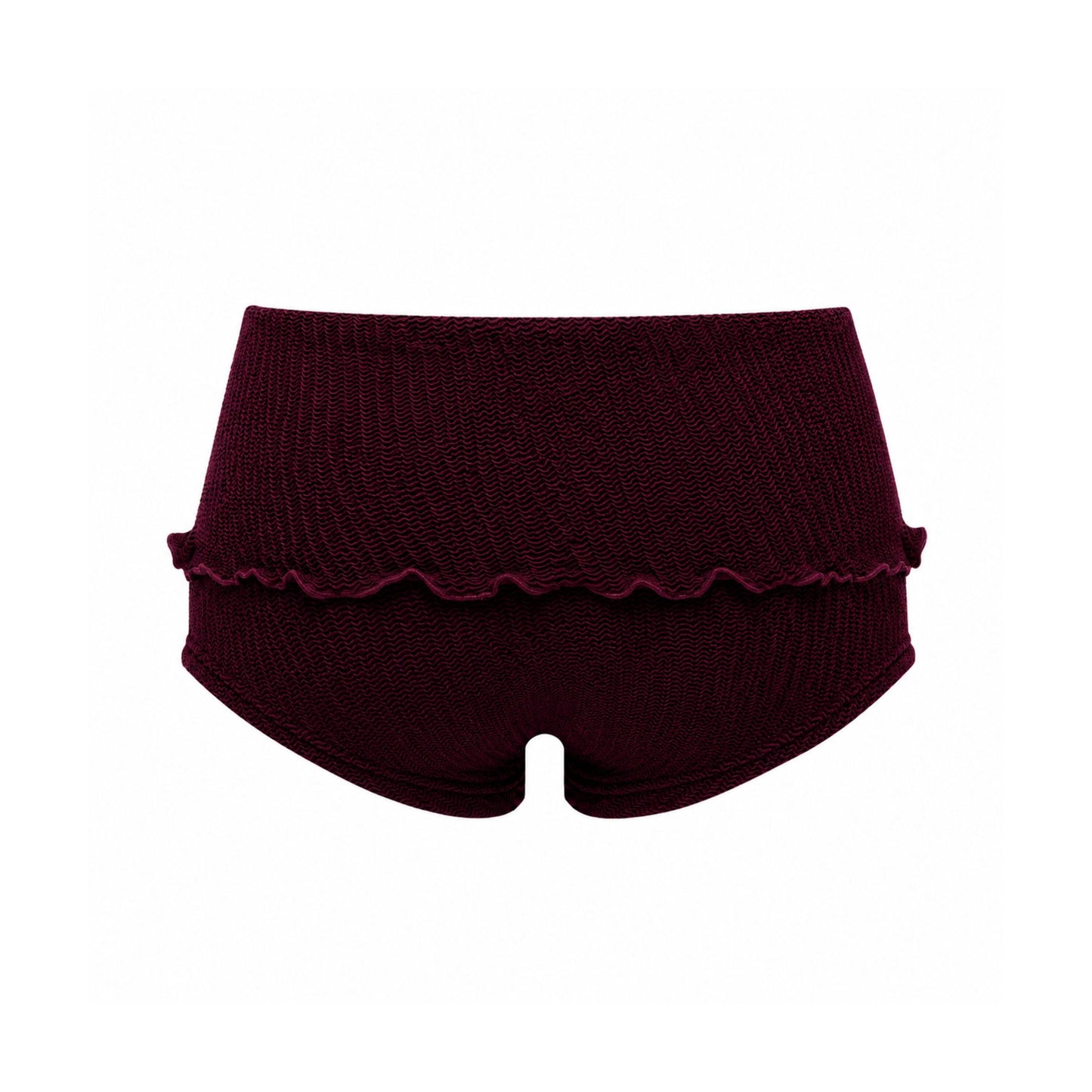 Scalloped-hem swim shorts in dark maroon with gathered waistband