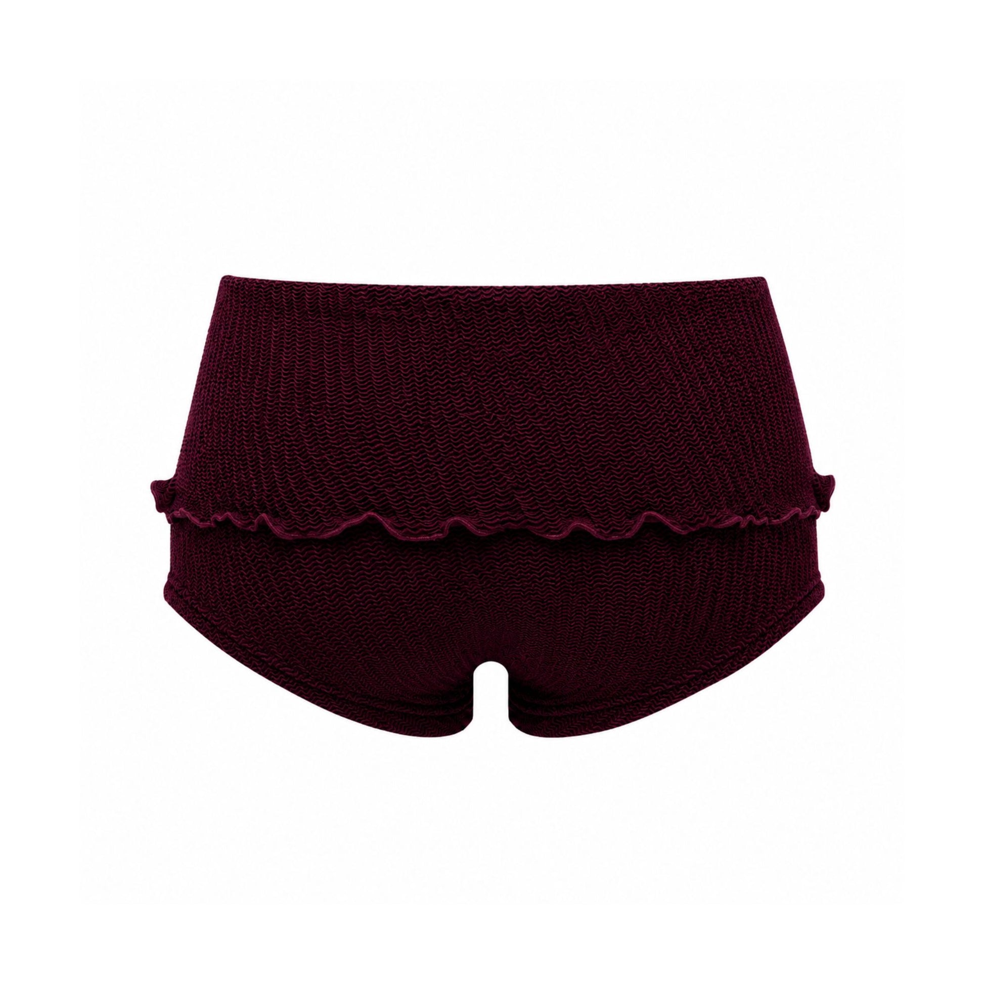 Scalloped-hem swim shorts in dark maroon with gathered waistband