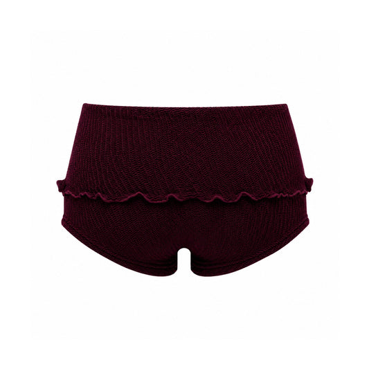 Scalloped-hem swim shorts in dark maroon with gathered waistband