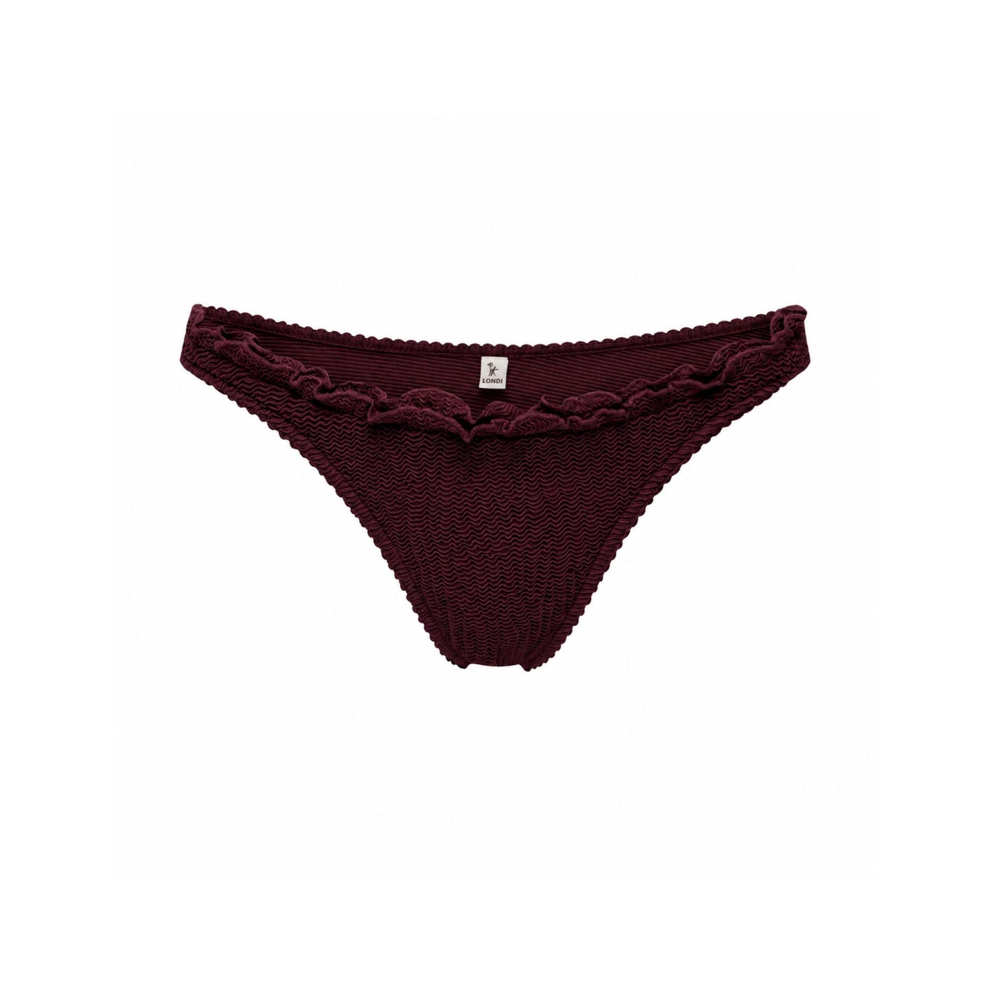 Burgundy bikini bottoms with ruffle detailing and small center tag