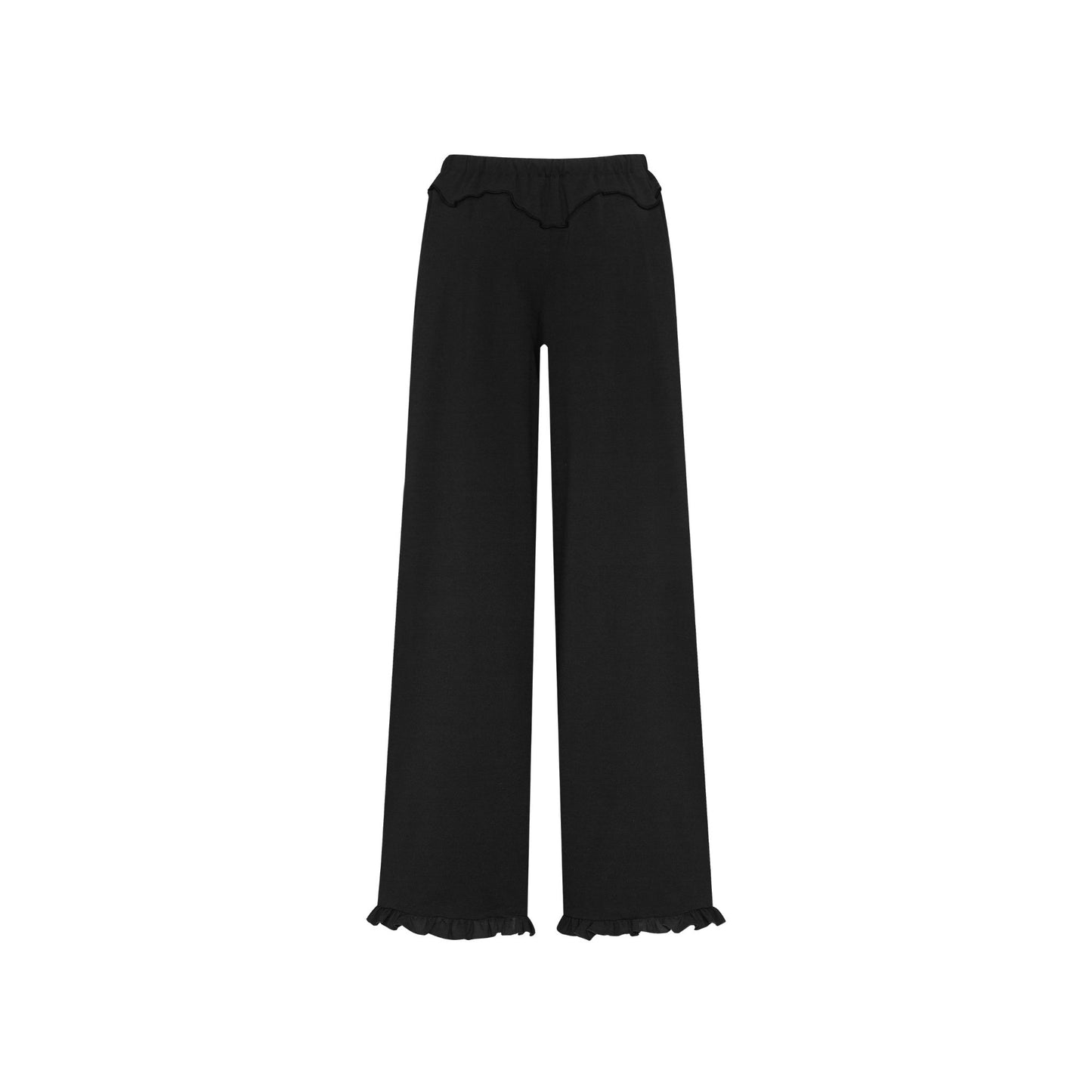 Black wide-leg pants with drawstring waist and ruffled cuffs, no visible front print
