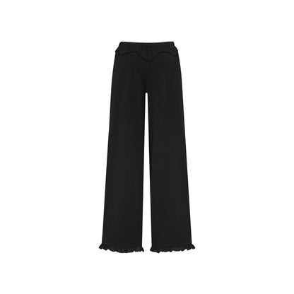 Black wide-leg pants with drawstring waist and ruffled cuffs, no visible front print