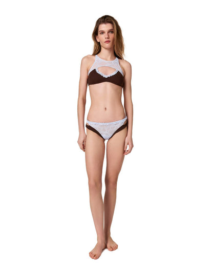 Double Tanga Panties in Brown with Blue Lace