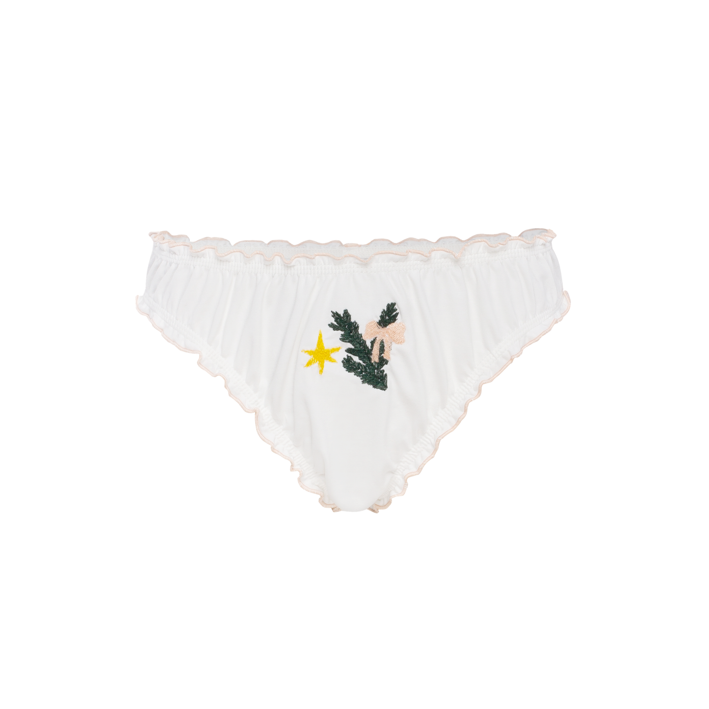 White tanga panty with ruffled trim and colorful sprig embroidery at center