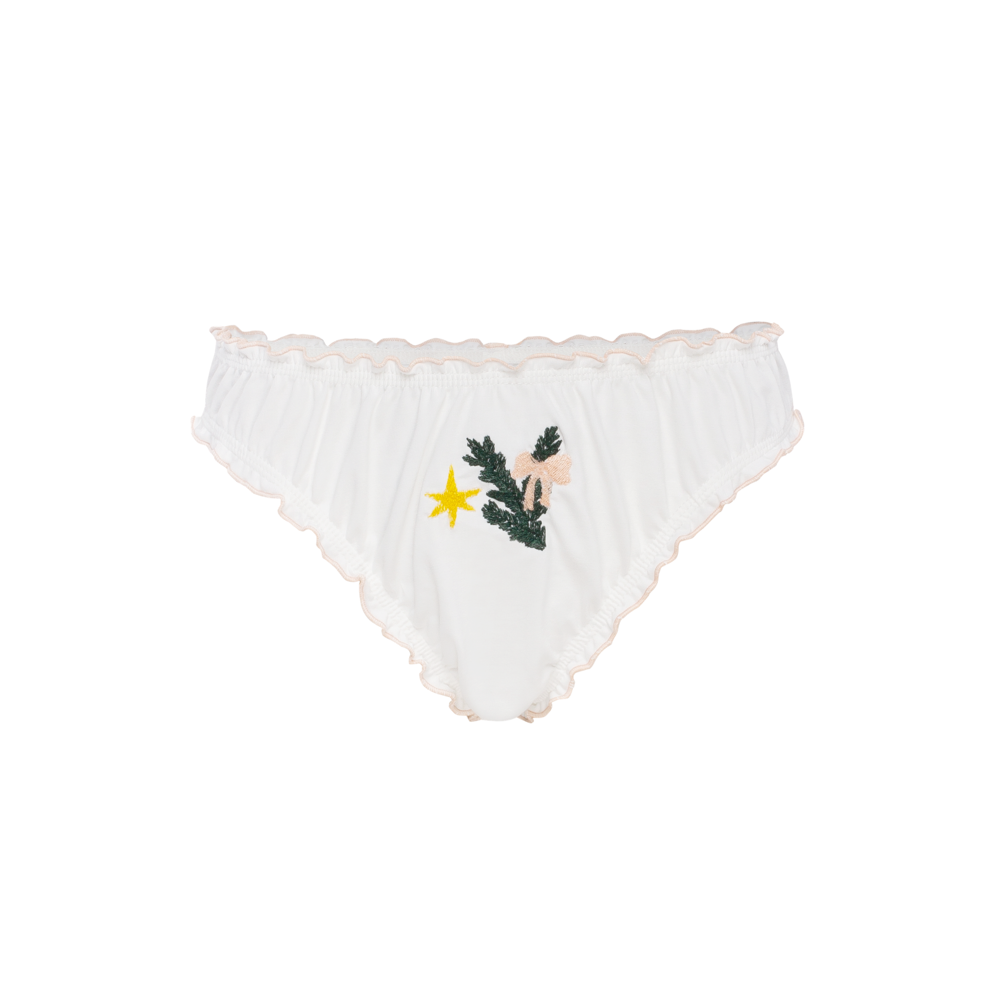 White tanga panty with ruffled trim and colorful sprig embroidery at center