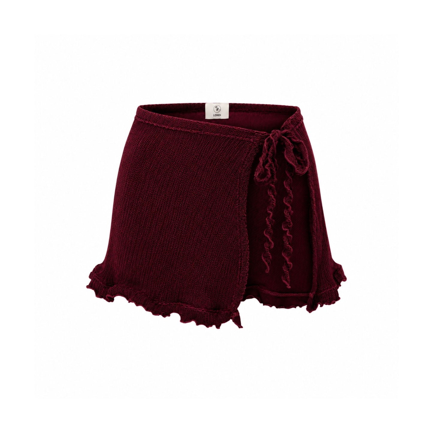 Beach wrap skirt with tie waist, burgundy fabric and scalloped ruffled hem