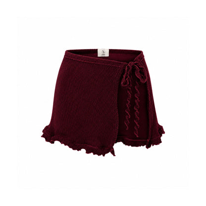 Beach wrap skirt with tie waist, burgundy fabric and scalloped ruffled hem