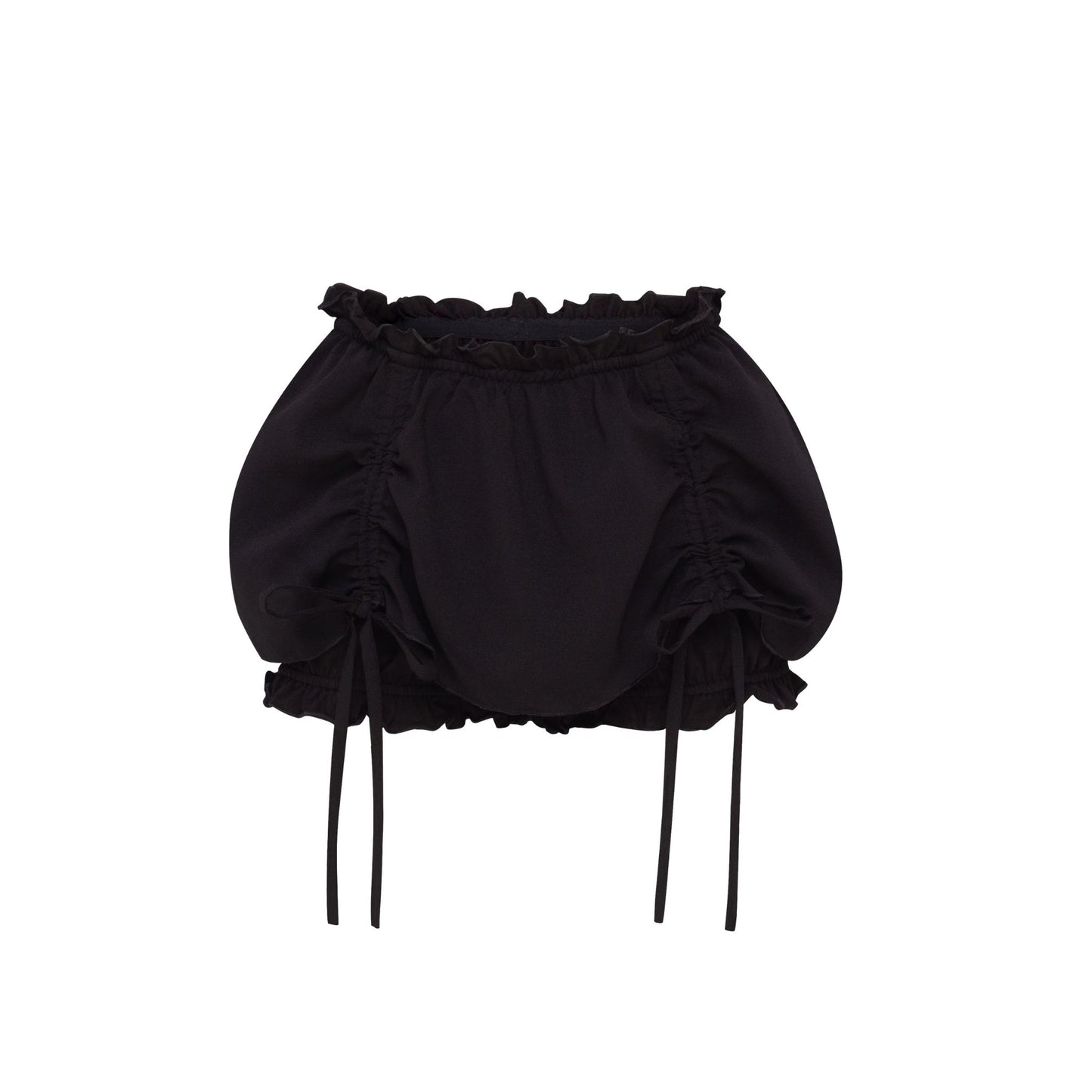 Black ruffle hem shorts with drawstring waist and side bow ties