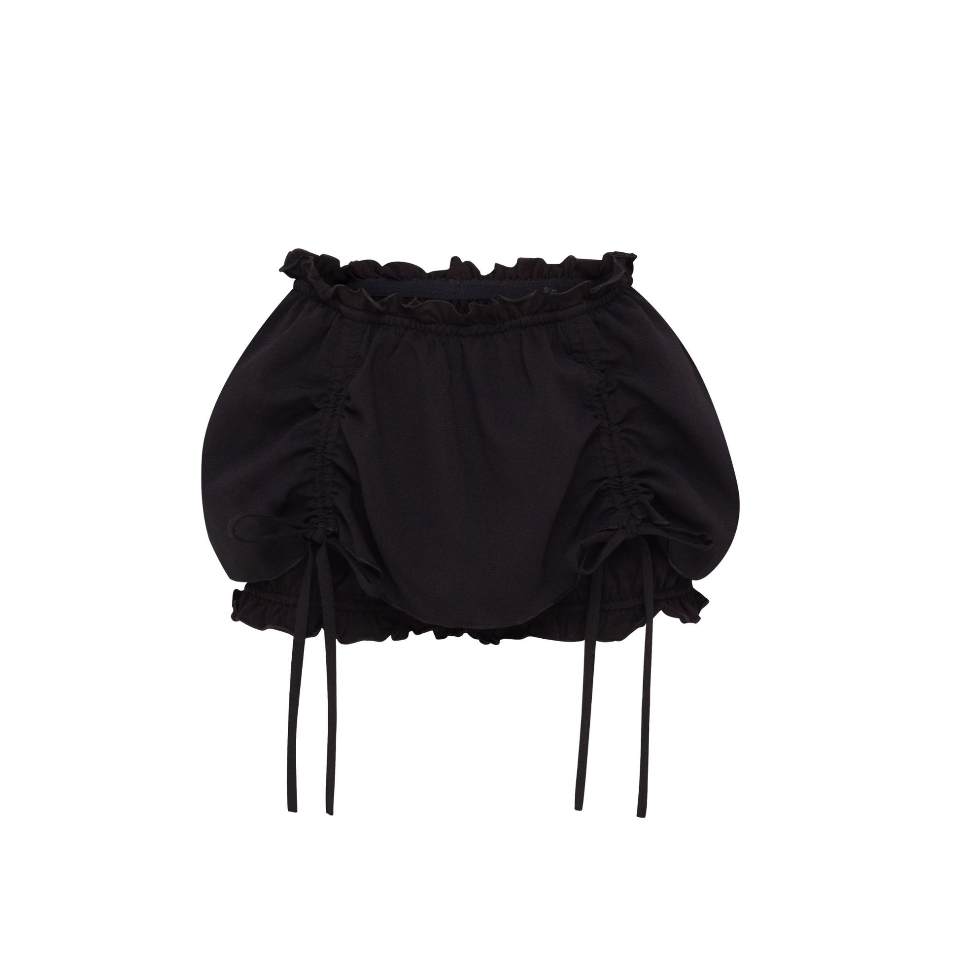 Black ruffle hem shorts with drawstring waist and side bow ties