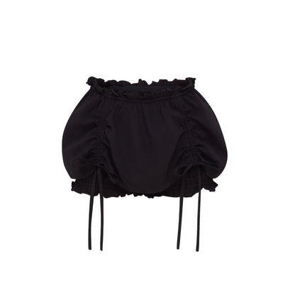 Black ruffle hem shorts with drawstring waist and side bow ties