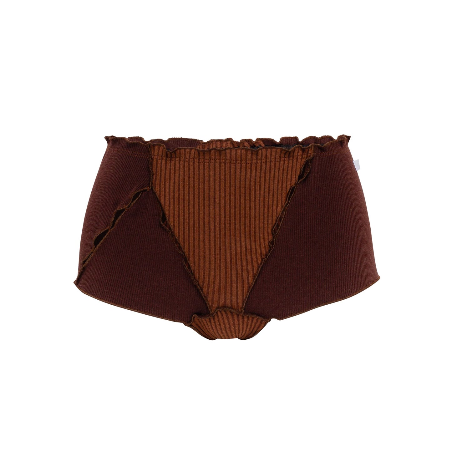 Brown ribbed boyshorts with contrast black side panels and scalloped trim