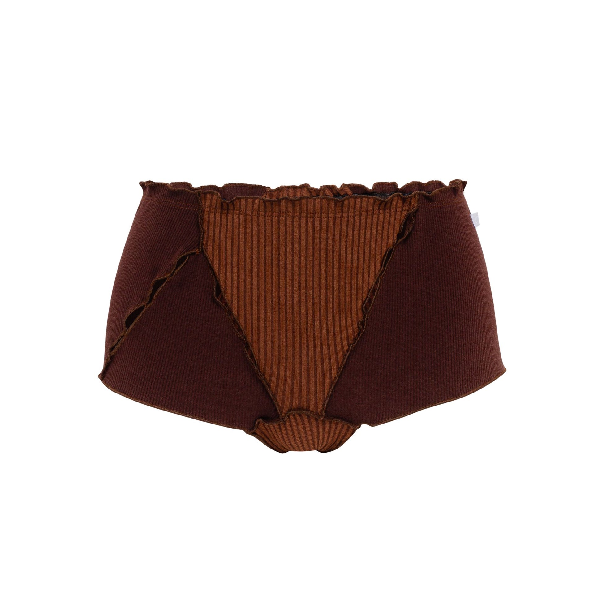 Brown ribbed boyshorts with contrast black side panels and scalloped trim