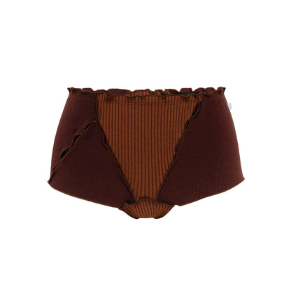 Brown ribbed boyshorts with contrast black side panels and scalloped trim