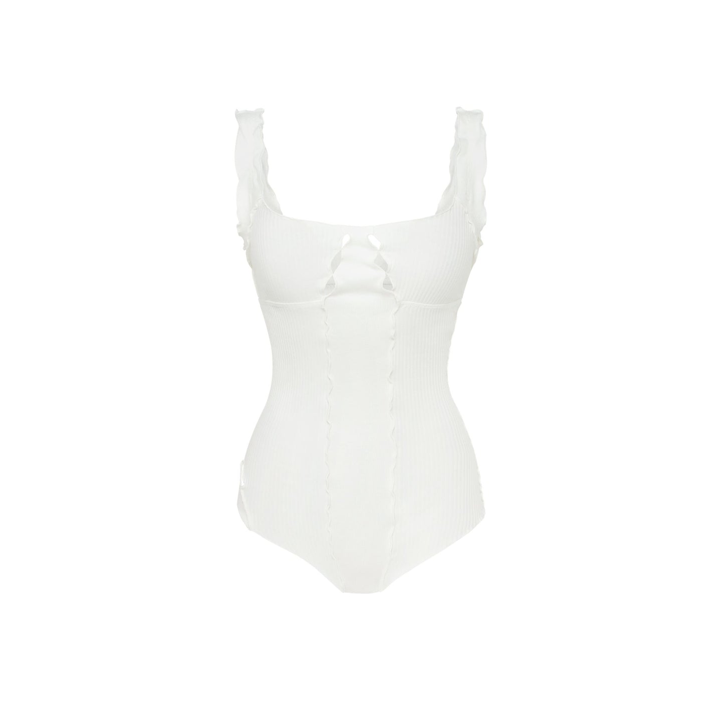 White wavy bodysuit with scoop neckline and ribbed knit texture