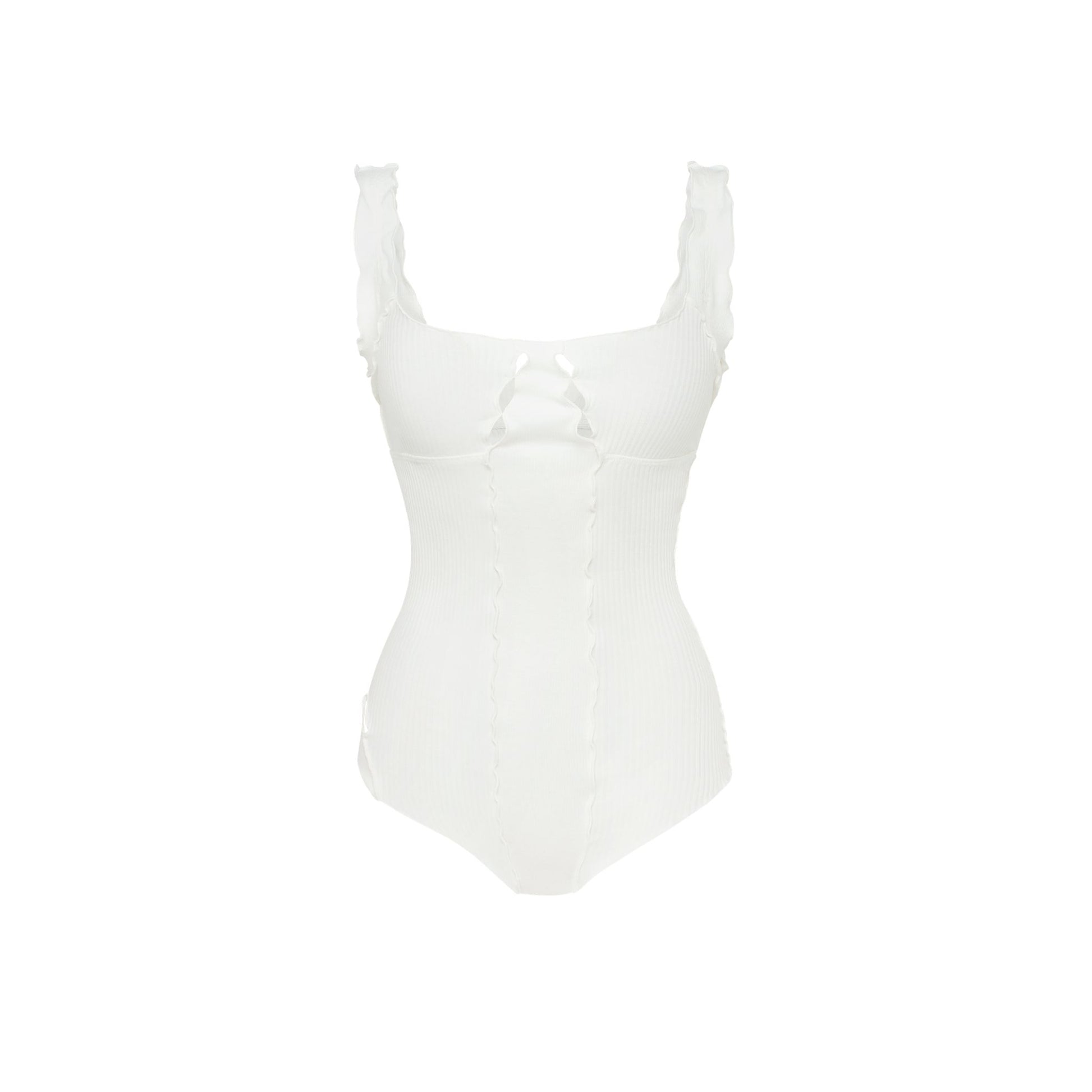 White wavy bodysuit with scoop neckline and ribbed knit texture
