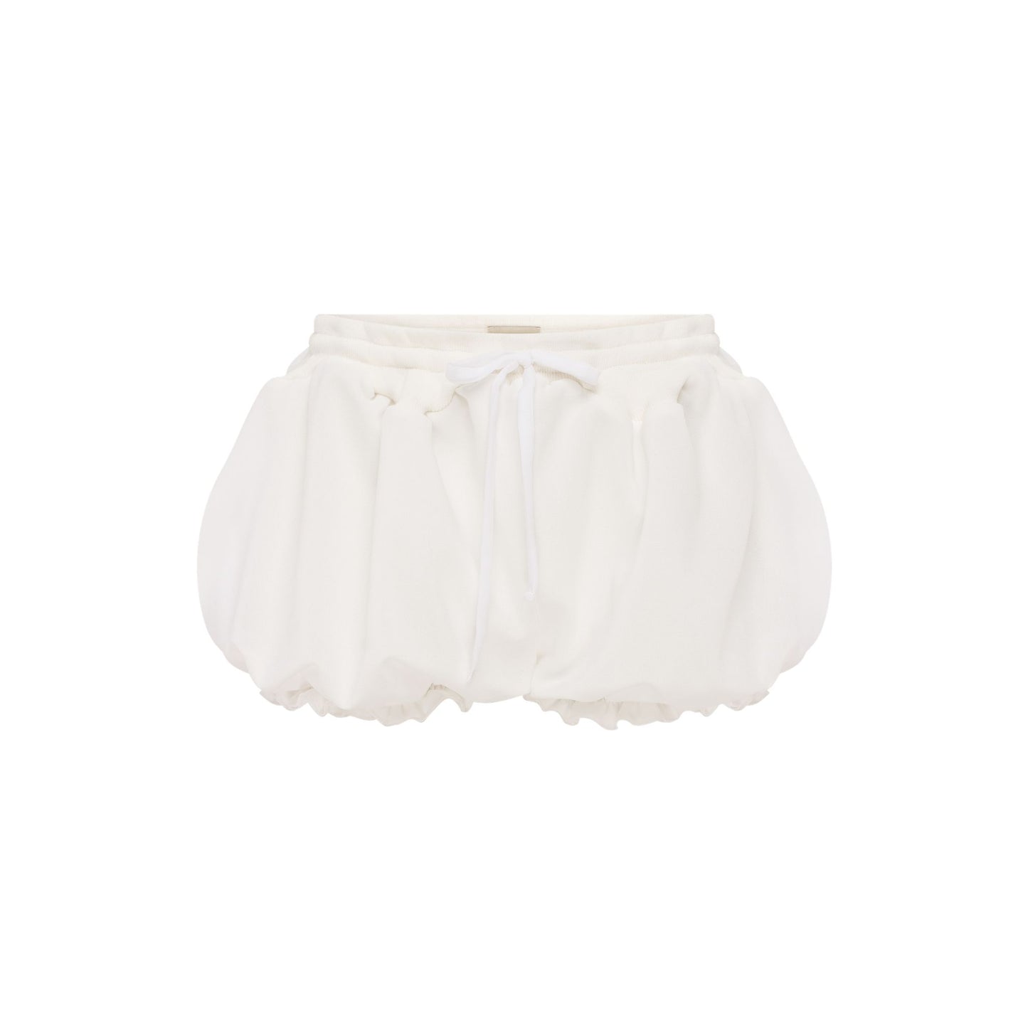 White micro shorts with ruffled hem and adjustable drawstring waist