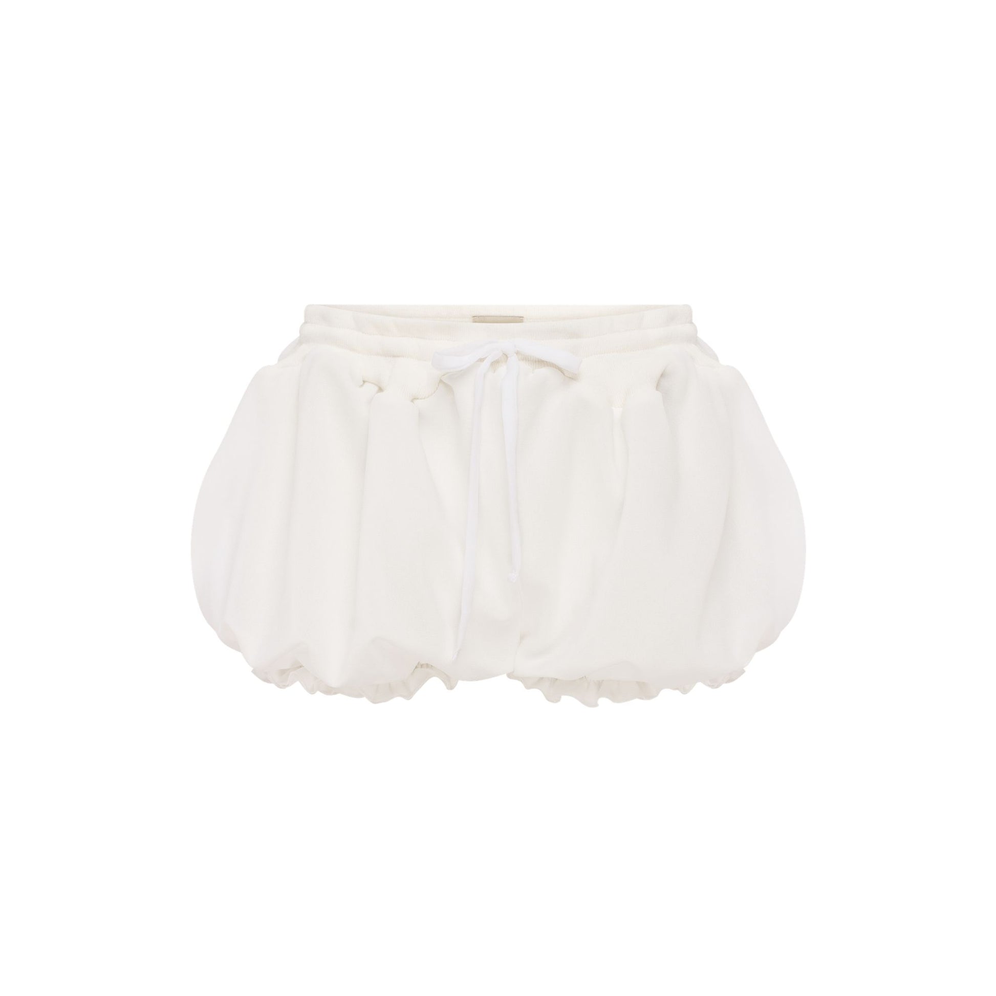 White micro shorts with ruffled hem and adjustable drawstring waist