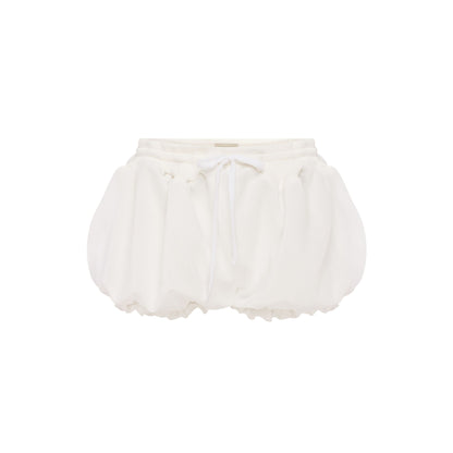 White micro shorts with ruffled hem and adjustable drawstring waist