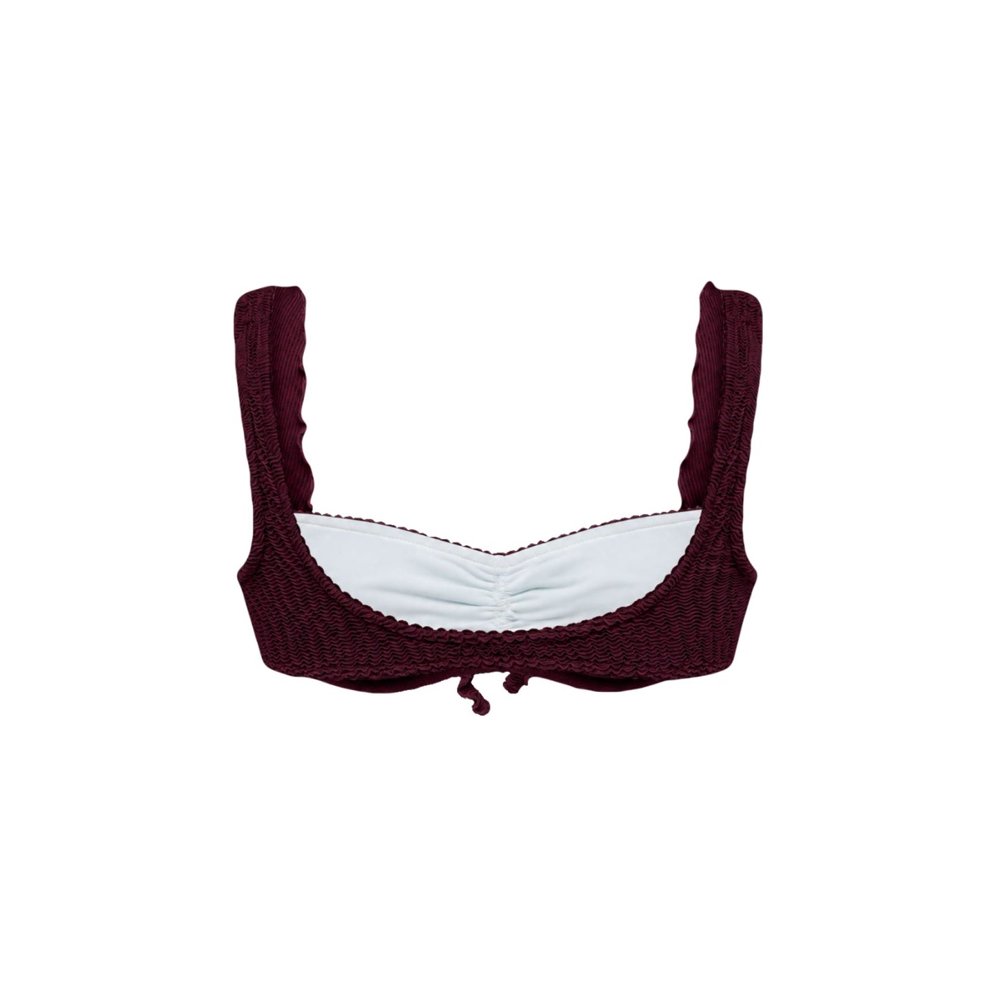 Ruffle bikini top in dark textured fabric with ruched center and small ties